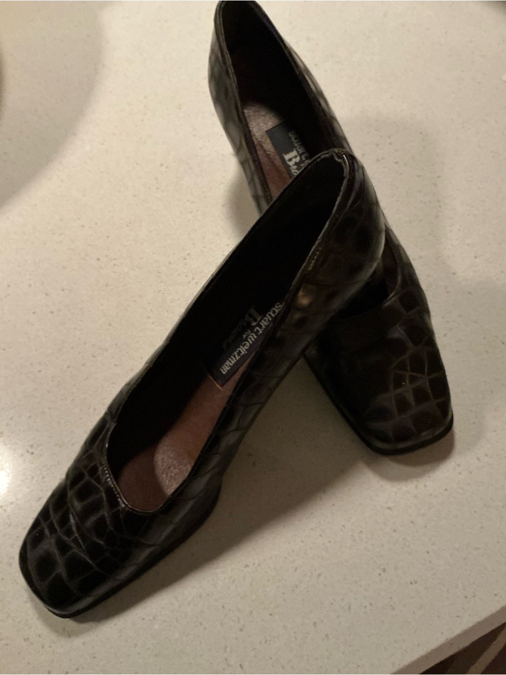 Stuart Weitzman Dark Brown Croc-Embossed Square-Toe Pumps